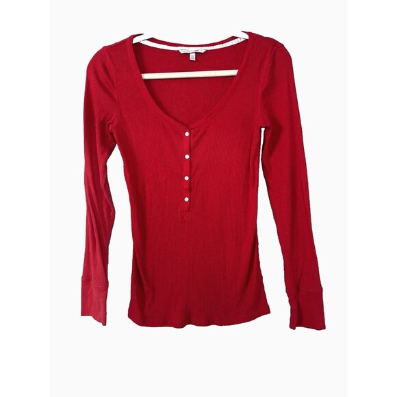 Victorias Secret Y2K M Red Waffle Knit Thermal Henley Top Cozy Lounge Coquette - Picture 1 of 8